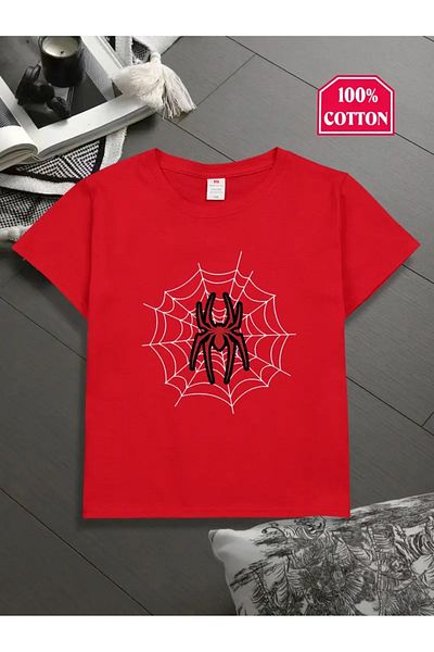 vinraus Girl\Boy Red Black Spider Printed Combed Cotton T-Shirt