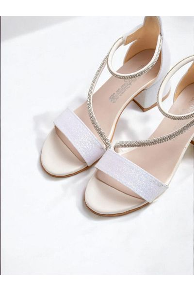 pediashoes Pantofi de seară cu toc confortabil pentru fete de culoare albă cu velcro și piatră