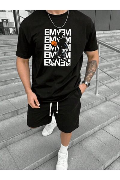 JANSO GROUP -Women Printed Eminem Short Sleeve Tshirt-Shorts Set 2 Pcs Large Size Oversized