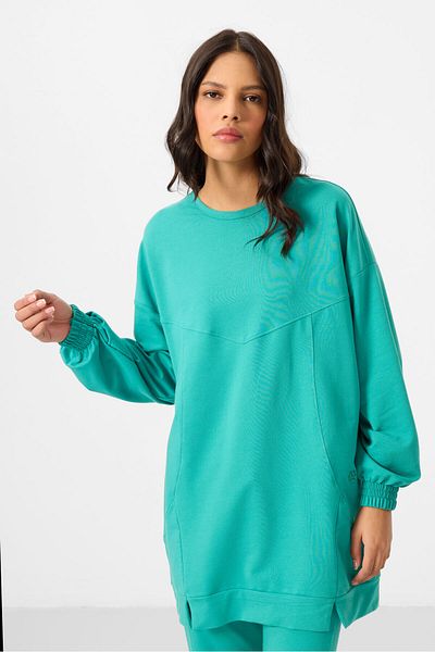 TOMMY LIFE Sea Green O Neck Basic Oversize Women's Tracksuit Tunic Set - 95347