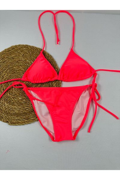 FUNELLA Highlighter Pink Side and Neck Tie Adjustable Triangle Stylish Women's Bikini Set