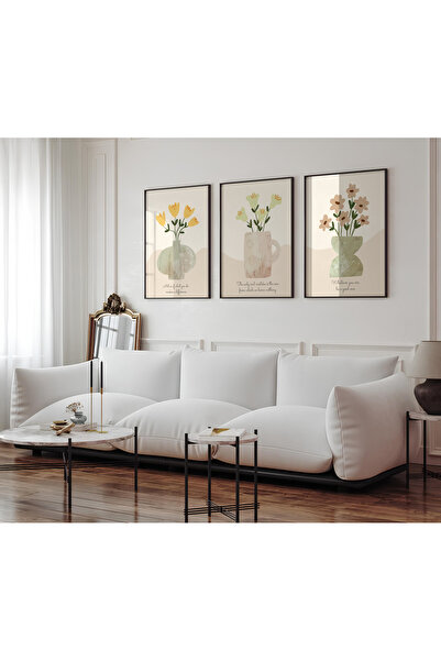 ARTCASTLE Set de 3 tablouri cu rame din lemn, flori