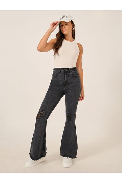 Styli High Rise Distressed Bootcut Pants with Frayed Hem