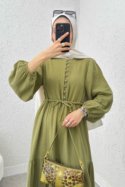 Salih Çelebi Φόρεμα Birit με λεπτομέρεια με κουμπί 2237 - PISTACHIO GREEN
