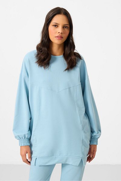 TOMMY LIFE Light Blue O Neck Basic Oversize Women's Tracksuit Tunic Suit - 95347