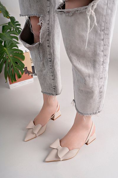halabi moda Blush Bow Beige Matte Leather Pointed Toe Short Block Heeled Women's Shoes