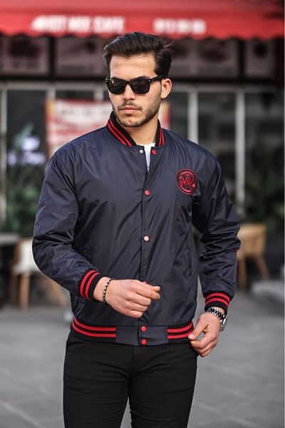 Sanalbolluk Red Color Emblem Detailed Sports Model College Coat on Chest Navy Blue Color