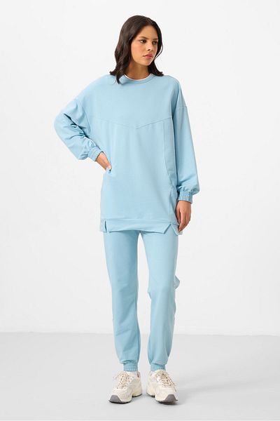 TOMMY LIFE Light Blue O Neck Basic Oversize Women's Tracksuit Tunic Suit - 95347
