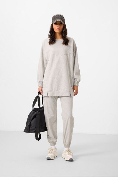 TOMMY LIFE Gray Melange O Neck Basic Oversize Women's Tracksuit Tunic Set - 95347