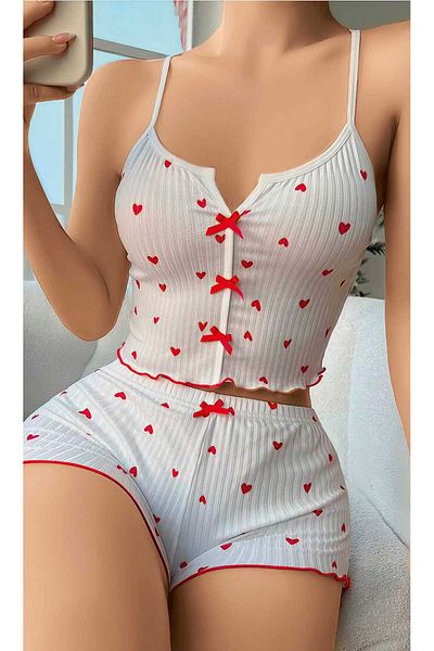 Olivia Carmen Women's Red Heart Bow Bottom Top Shorts Nightgown Pajama Set