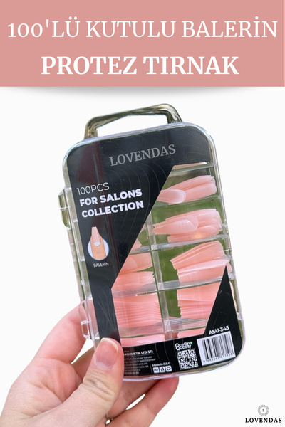 Lovendas 100'lü Kutulu Balerin Model Premium Takma Tırnak Tips (Pembe)