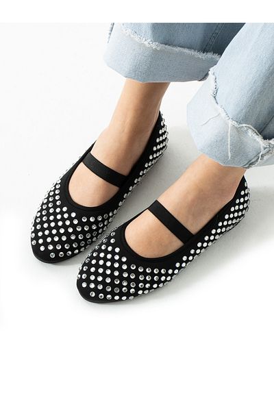ALEMDAR AYAKKABI Dove Black Silver Stone Detail Women's Ballerinas