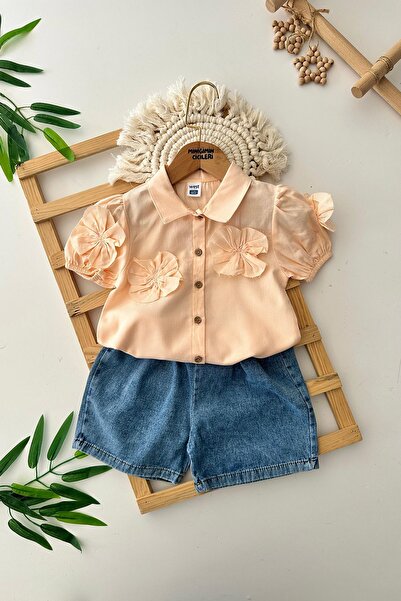 Minigimin Cicileri Міні-комбінезон для дівчинки з бавовняною сорочкою з деталями у вигляді троянд і шортами з джинсової тканини - Kavuniçi