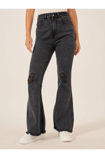 Styli High Rise Distressed Bootcut Pants with Frayed Hem