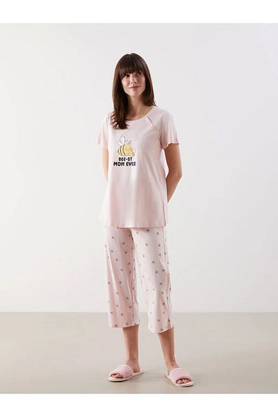 LC Waikiki Lcw Dream Pink Crew Neck Printed Maternity Pajamas Set
