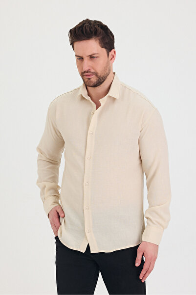 Tarz Cool Erkek Slim Fit Dar Kalıp Uzun Kol Pamuklu Keten Efekt Gömlek