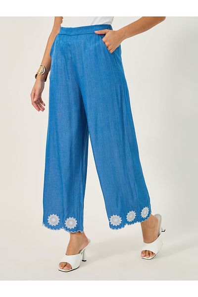 Styli Embroidered Denim Look Wide Leg Pants with Scalloped Hem