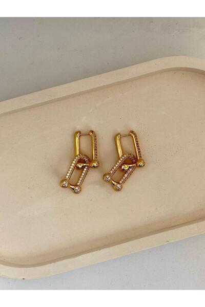 Zerys Jewelry Zirkon Taşlı İç İçe Geçmiş Çelik Gold Küpe