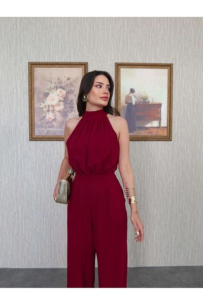 ESRAHELVACI Burgundy Halter Neck Long Jumpsuit