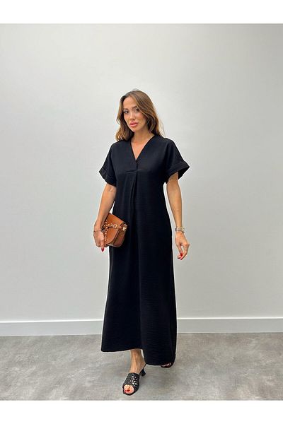Maldia Shop Women's Linen V-Neck Black Dress
