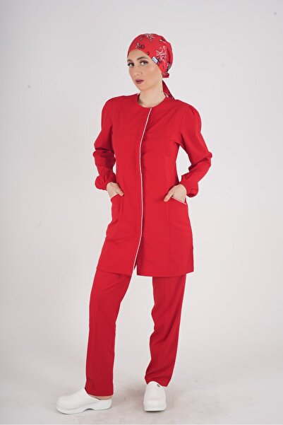 Nur Medikal Giyim Hijab roșu moale din Lycra - Model Lina - Set de tricou Scrubs