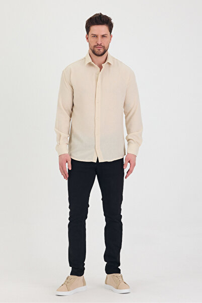 Tarz Cool Erkek Slim Fit Dar Kalıp Uzun Kol Pamuklu Keten Efekt Gömlek