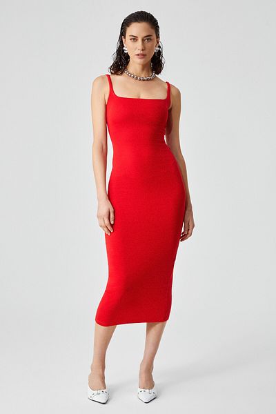 GRIMELANGE Rinia Women's Slim Fit Wide Collar Strap Red Dress