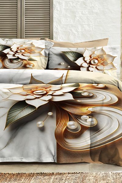 MonoHome 100% Cotton Ranforce Dowry Luxury 5D Digital Double Duvet Cover Set Pearl