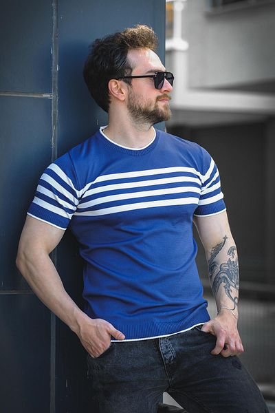 Oksit Ανδρικό πλεκτό μπλουζάκι Liam ριγέ Lycra Slim Fit Crew Neck