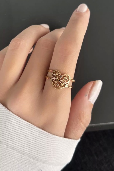 TakıDolabı خاتم فولاذي قابل للتعديل على شكل قلب ذهبي اللون