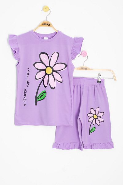 Cansın Mini Lilac Daisy Printed Ruffle Detailed Girl's Shorts Set of 2 20604