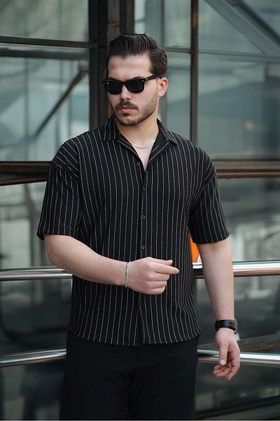 Valiberta Apaş Collar Crepe Fabric Striped Half Oversize Men's Shirt - Black