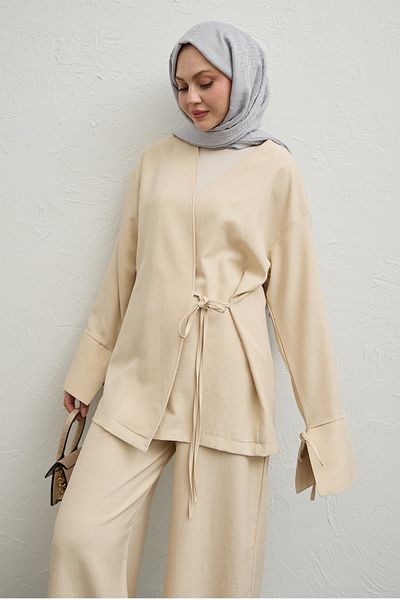 InStyle طقم كيمونو كتان مزدوج باللون البيج