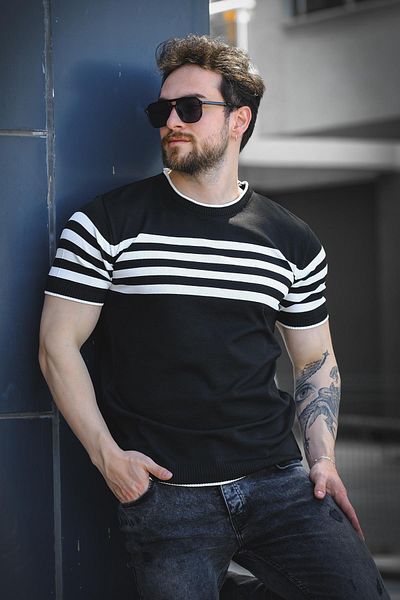 Oksit Ανδρικό πλεκτό μπλουζάκι Liam ριγέ Lycra Slim Fit Crew Neck