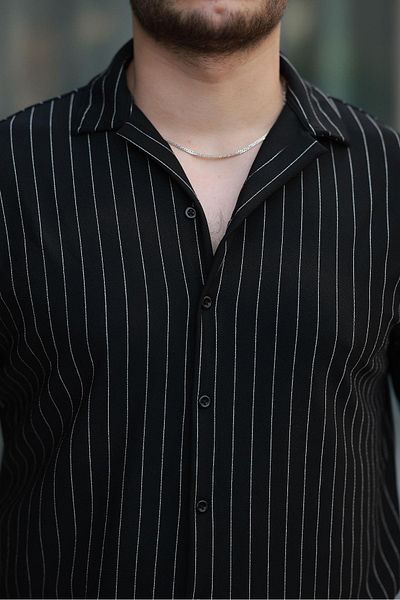 Valiberta Apaş Collar Crepe Fabric Striped Half Oversize Men's Shirt - Black