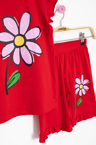 Cansın Mini Kırmızı Papatya Baskılı Fırfır Detaylı Kız Çocuk Şortlu 2li Takım 20608