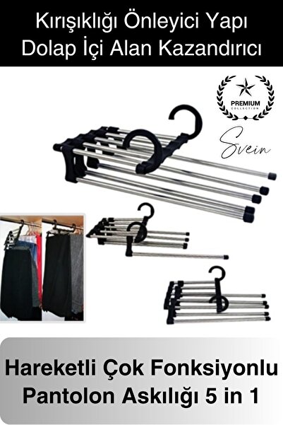 Svein Pantolon Askısı 5 in 1 Hareketli Dolap İçi Şal Kravat Düzenleyici Katmanlı Organizer Askılığı