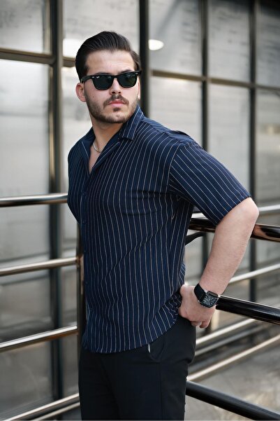 Valiberta Апаш яка креп плат с ивици, полудълга мъжка риза - тъмно син