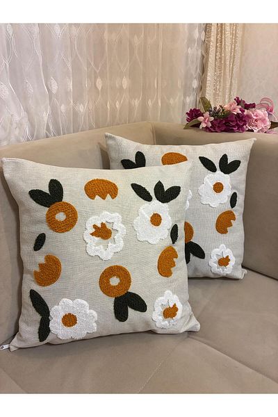 Mustgross Bohemian Punch Embroidered Linen Throw Pillow Cover Set of 2 - 43X43 cm
