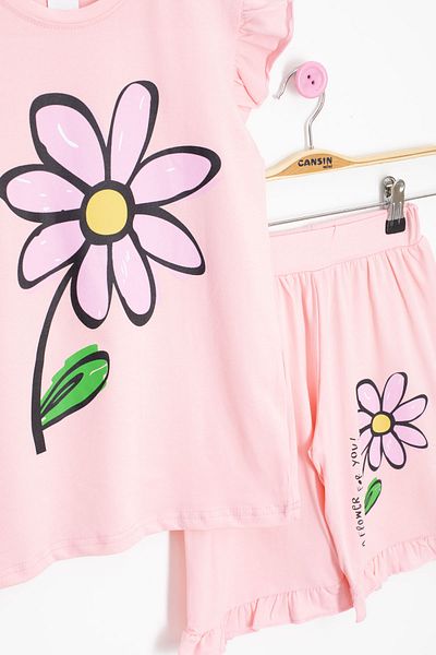 Cansın Mini Salmon Daisy Printed Ruffle Detailed Girl's Shorts Set of 2 20603