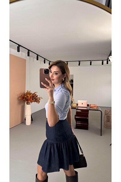 Sezgi Tekin Düğme Detay Volanlı Lacivert Denim Etek