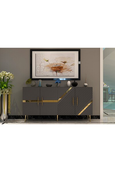 zerkaconcept Pınar Konsol Tv Sehpası Çok Amaçlı Dolap Antrasit Altın 150 cm