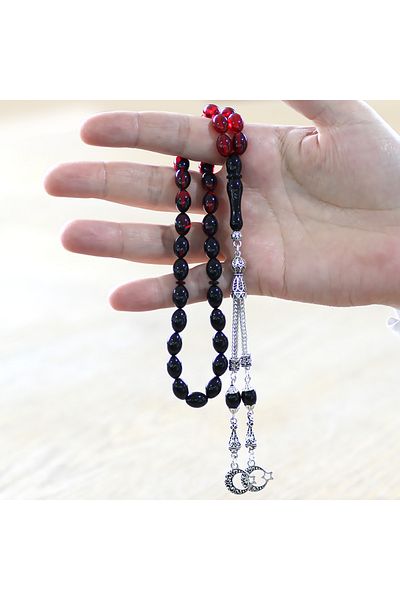 Tesbihane Ayyıldız Metal Tasseled - Barley Cut Filtered Rosary, Red-Black Fire Amber