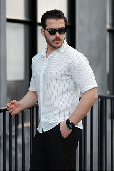 Valiberta Apaş Collar Crepe Fabric Striped Half Oversize Men's Shirt - White