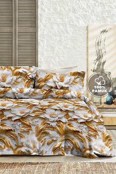 MonoHome 100% Cotton Ranforce Dowry Luxury 5D Digital Double Duvet Cover Set Gold