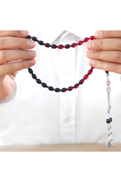 Tesbihane Ayyıldız Kararmaz Metal Püsküllü Arpa Kesim Süzme Kırmızı-siyah Ateş Kehribar Tesbih