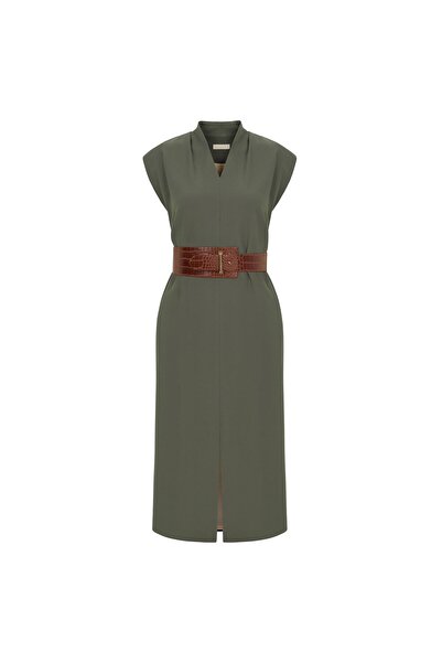 BİRELİN Dik Yakalı Krep Elbise Deniz Yosunu