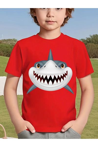 vinraus Girl\Boy Red Shark Printed Combed Cotton T-Shirt