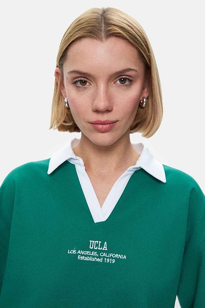 UCLA Tricou de damă POLLY verde cu guler polo, brodat, cu croiala lejeră