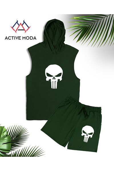 ACTIVE MODA -شورت رجالي بدون أكمام مطبوع عليه جمجمة 2li̇ Takim مقاس كبير